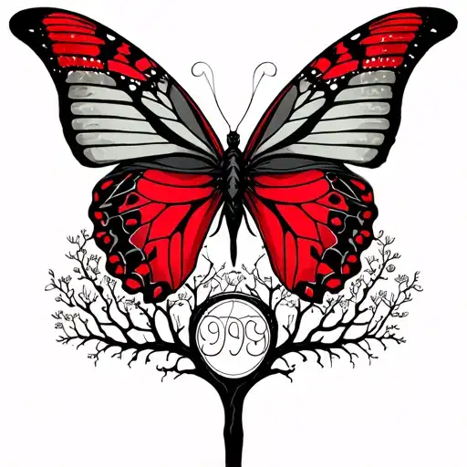 Red And Black Butterfly With Tree Of Life And 999