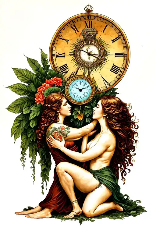 Father Time And Mother Nature Kneeling Woman