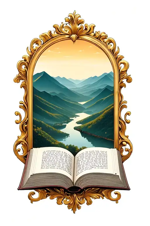 Open Book Below Hills With Simple Baroque Gold Frame