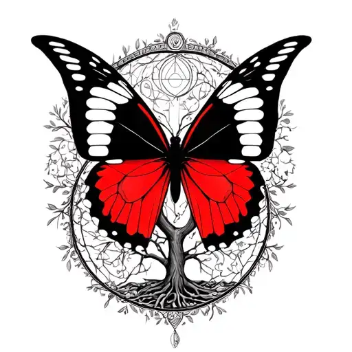 Red And Black Butterfly With White On Tops Of Wings With Tree Of Life And 999