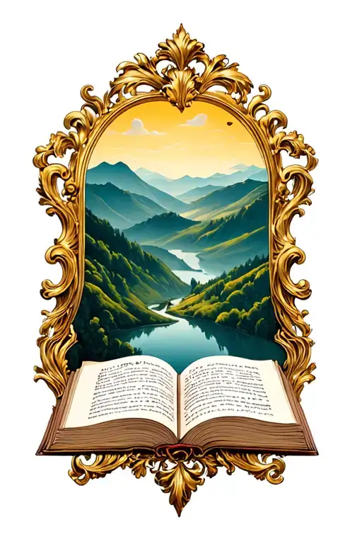 Open Book Below Hills With Simple Baroque Gold Frame