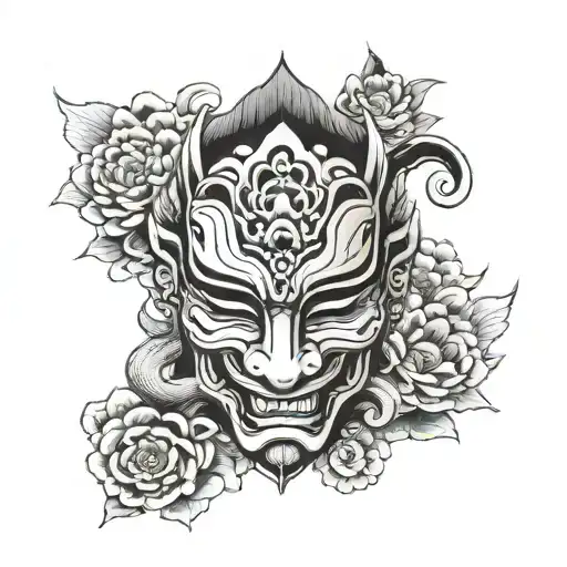 Neotraditional Tattoo Design Of Japanese Hanya Mask With Lotus Flower And Serpent