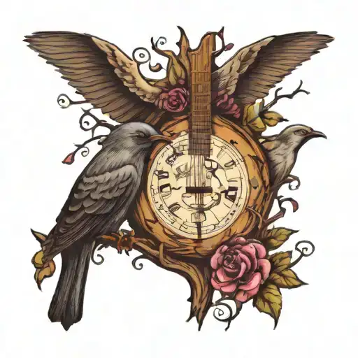 Family Tree With Mandolin Roots Growing And Purple Martin Bird