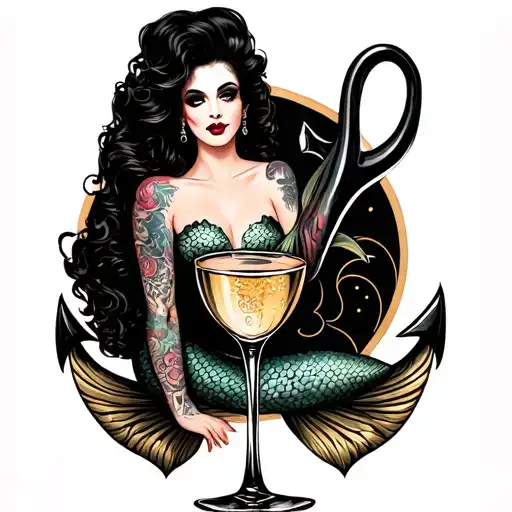 Tattooed Mermaid Sitting Temptingly In An Anchor Like Dita Von Teese In A Champagne Glass