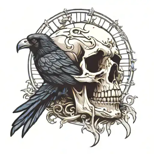 Skull With A Raven On Top Above A Skeleton Cage