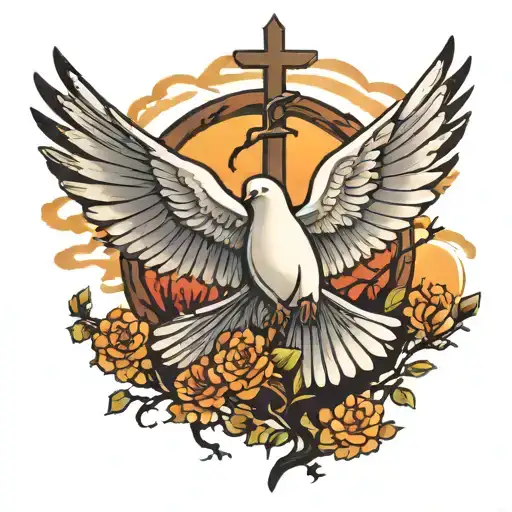 Dove On Cross With Trees Colors Sunset