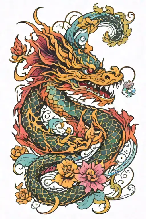 Feminine Dragon With Vines And Flowers Growing In Bright Colors And Koi's