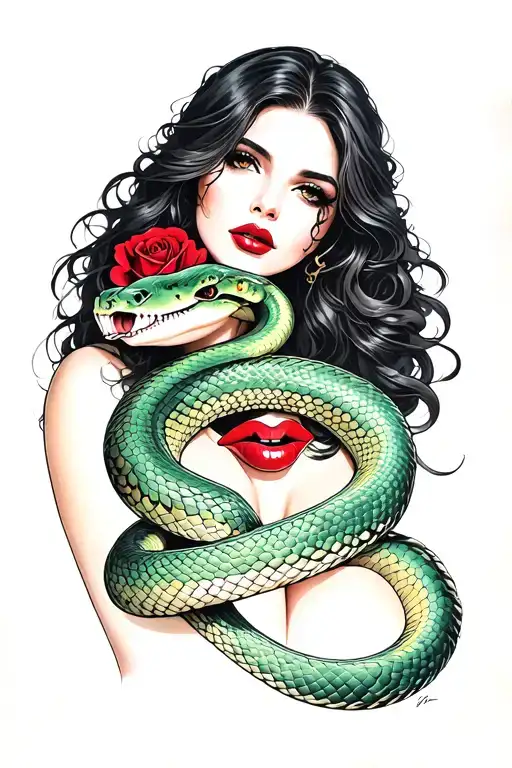 Rosses Snake Wrapped With Beautiful Long Dark Hair Woman Red Lips