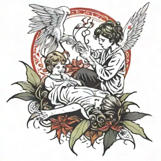 Angel Giving Hand Reaching Towards The Boy Laying On A Ground Of Red Spider Lilly
