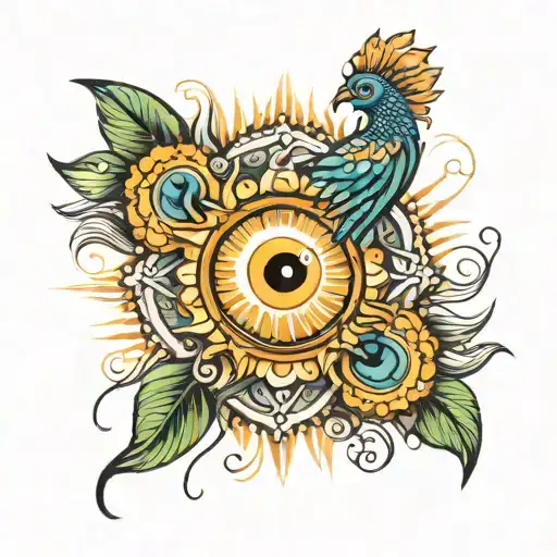 Sun And Peacock Feathers Coming Towards It Surrounded