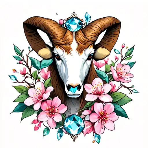 Aries Zodiac With Cherry Blossom Flowers And Aquamarine
