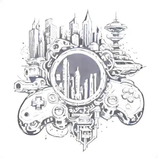A Tattoo Of A Futuristic Cityscape With Hidden Gaming Elements Like A Controller Or Game Character
