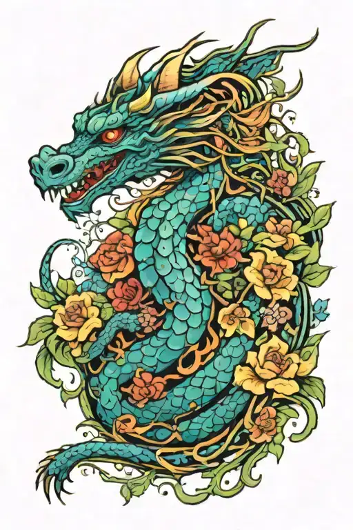 Dragon With Vines And Flowers Growing In Bright Colors