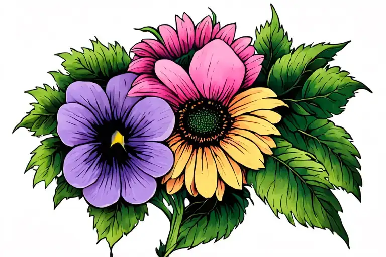 Pink Sunflower With A Green Pansy On The Right And A Purple Violet On The Left