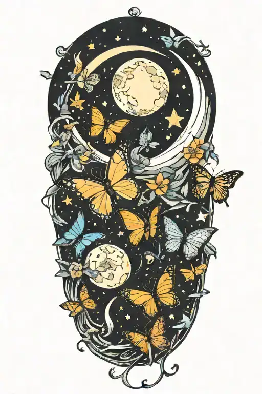 Butterflies And Stars Surround The Moon