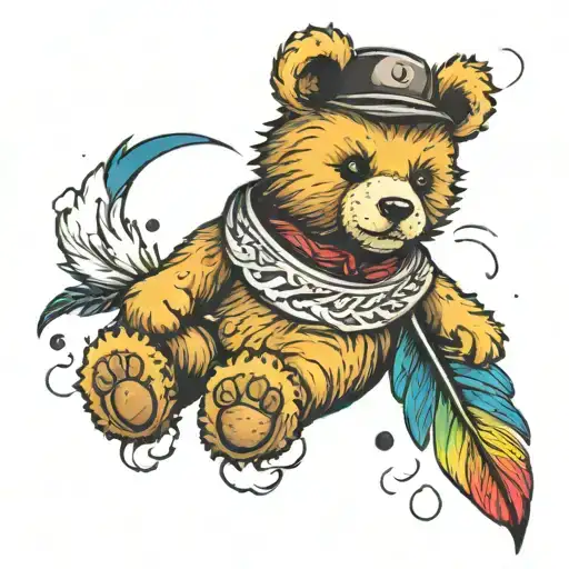 Teddy Bear Blowing A Feather With Rainbow Behind It