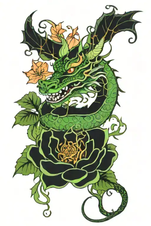 Feminine Dragon With Vines And Flowers Growing In Bright Colors