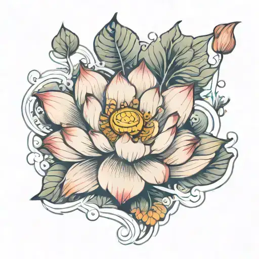 Lotus Flower In Water With Koi Fish