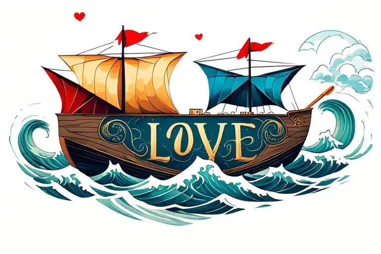 Paper Ship Origami Walking On The Waves Of The Word Love