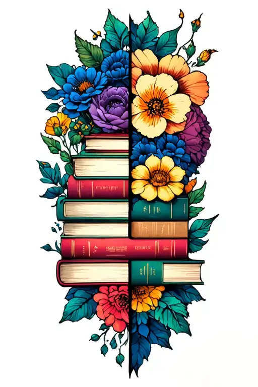 Stack Of Books Behind A Half Sleeve Of Flowers