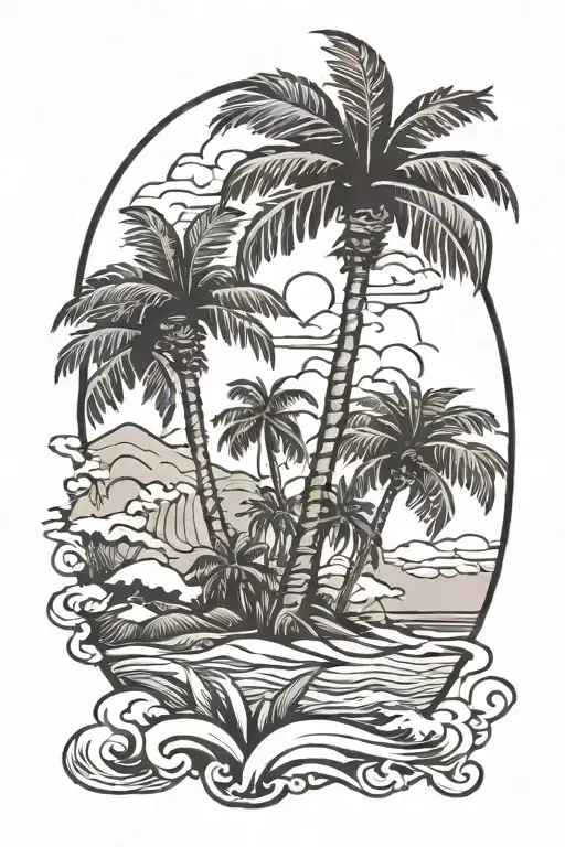 Tattoo Sleeve Black And White Palm Trees And A Beach