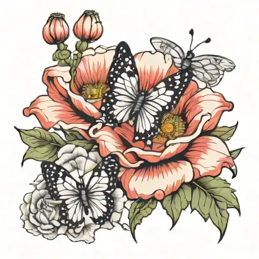 Poppy And Rose Joined By A Butterfly