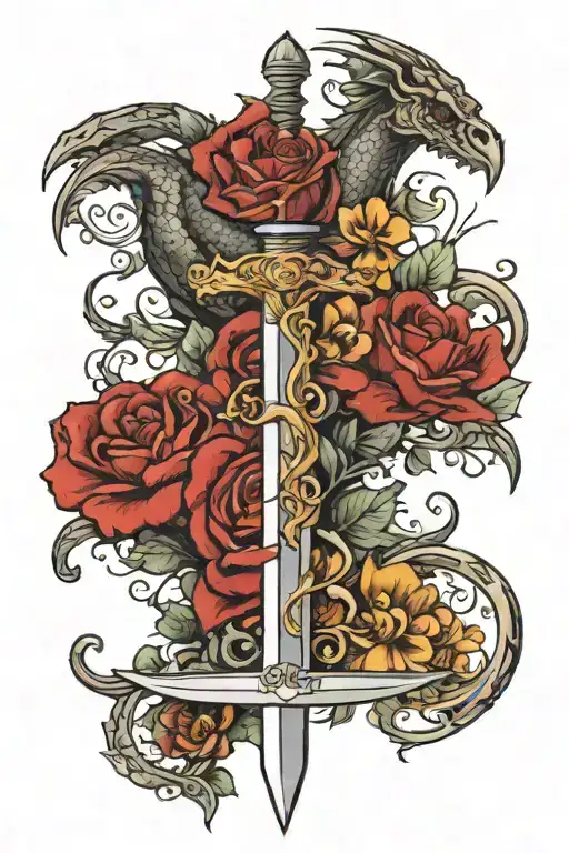 Fantasy Sword With Flowers And Winged Dragon