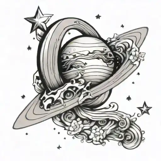 Tattoo Design Of A Planet Saturn In The Shape Of A Crescent With An Initial A And Stars Around It