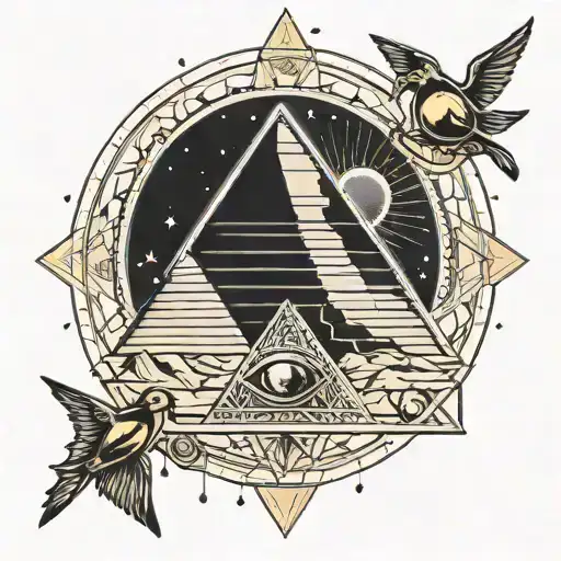 Geometric Egyptian Pyramid Tattoo With Solar System And Horus Eye Wings Line Tattoo Black