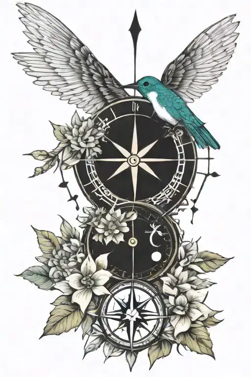 Compass Sun Hummingbird Flowers Stars