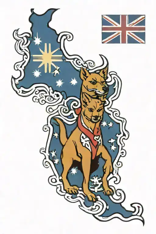 Australian Flag With Kangaroo And Dingo Whit Sun