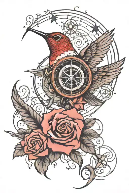 Rose Hummingbird Compass Moon Stars Sky Wing Feather
