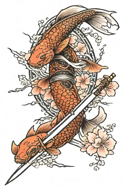 A Katana Sword With A Koi Around It And Cherry Blossoms