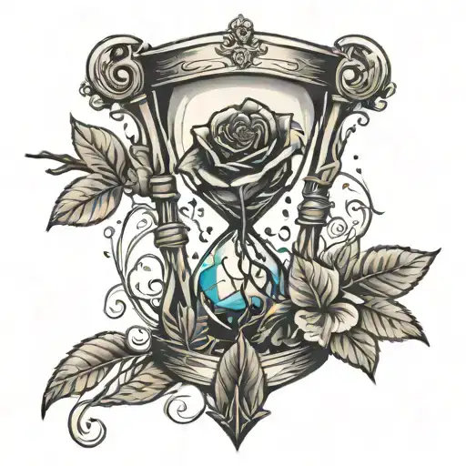 Hour Glass With Broken Glass Pieces And A Rose