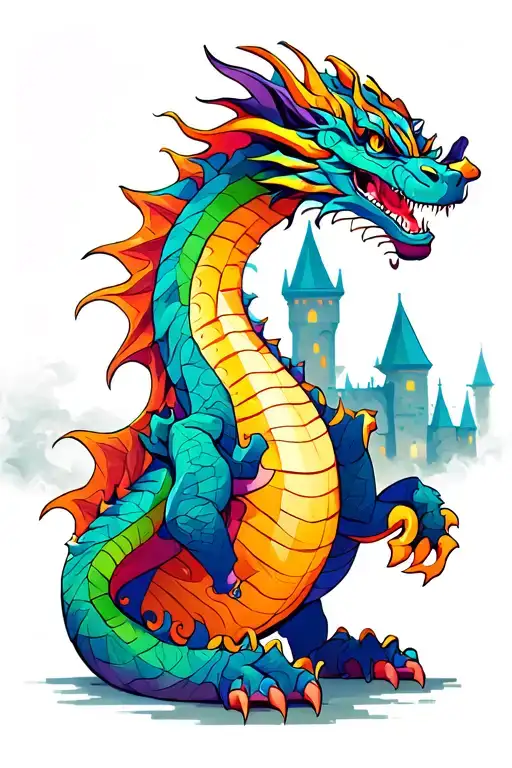 Colourful Dragon With A Castle Background And Mist