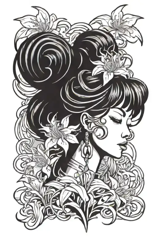 Medusa Head Samurai Woman Style Design Spider Lily Tattoo Design
