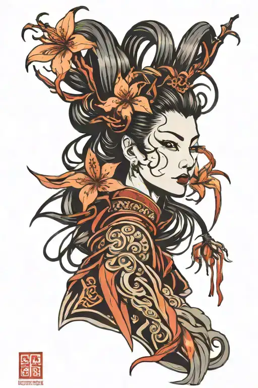 Samurai Woman Medusa Head Style Design Spider Lily Tattoo Design
