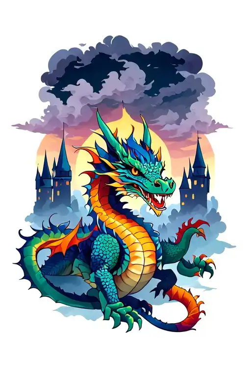 Colourful Dragon With A Castle Background And Mist