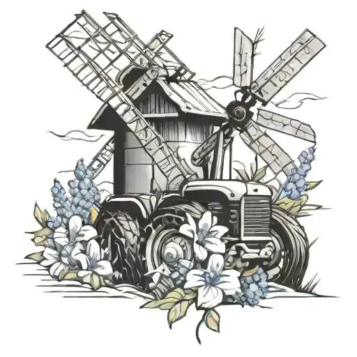 Tractor Bluebonnets Windmill Black And White