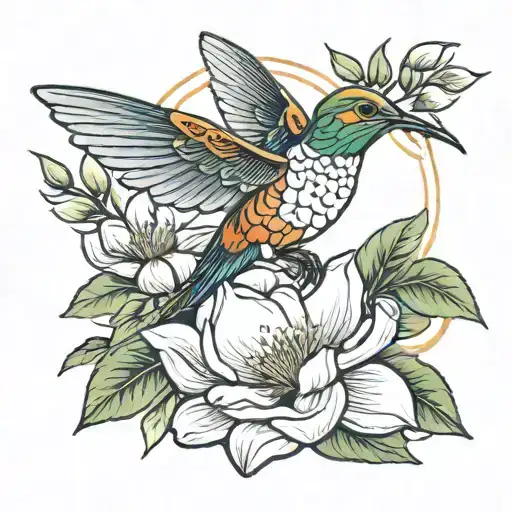 Magnolia Flower With Leaves Humming Bird With A Sun