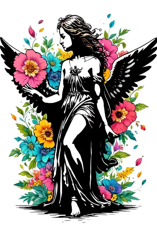 Falling Down Angel Black And White With Colorful Flowers Background