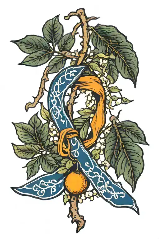 Dark Blue Cancer Ribbon Hanging Off Orange Tree Branch With Five Leaves And One Orange