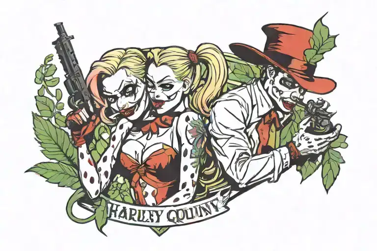 Harley Quinn With Gun And Joker Smoking Marijuana
