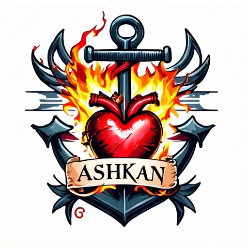 Burning Heart Over An Anchor With A Banner That Clearly Says 'Ashkan'