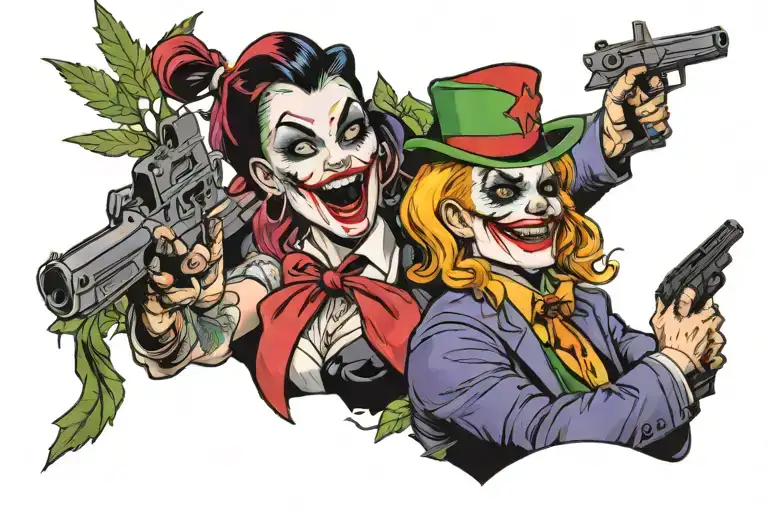 Harley Quinn With Gun And Joker With Marijuana In Mouth