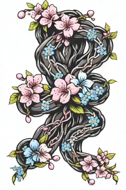 Chain Of Cherry Blossoms And Forget Me Nots With Pink Cancer Ribbon Flowing In The Wind
