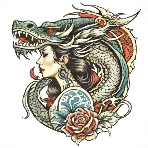 Full Open Dragon With A Beautiful Lady