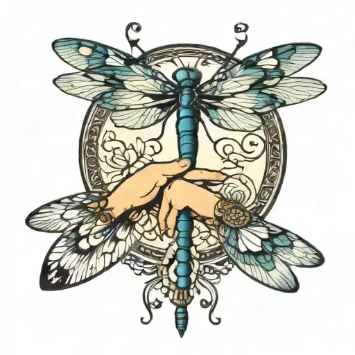 Circle On Both Hands And Dragonfly