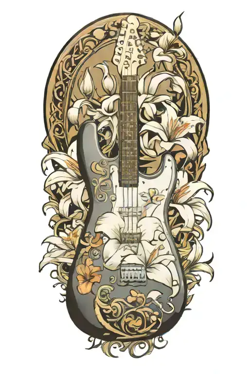 Stratocaster Guitar Headstock Surrounded With White Lily Flowers