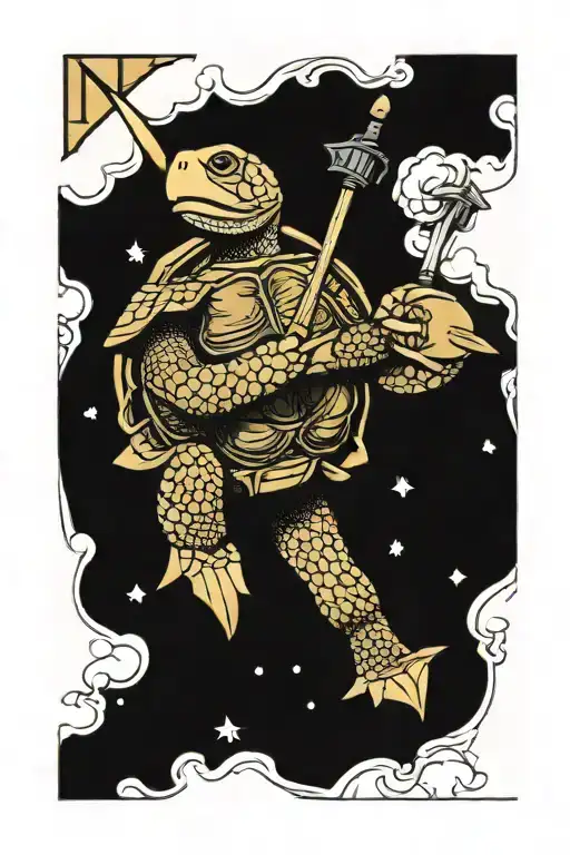 Tarot Card With Turtle Holding Fairbairn Skyes Dagger